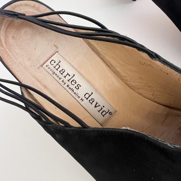 Vintage 90s Black Suede Leather Slingback Mules Heels Size‎ 10 Victorian Gothic - Picture 4 of 10